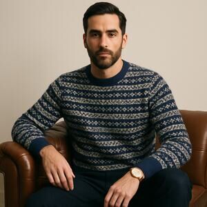 A.P.C. 100% Alpaca Fair Isle Print Crewneck Sweater Navy Blue Sz L $498 {3T48}